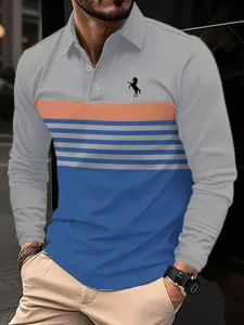 Close-up detail of men long sleeve polo shirt, stylish stripe print, casual business design.