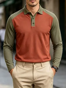 Mens color block long sleeve polo shirt casual autumn golf lapel button top streetwear