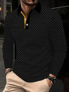 Mens long sleeve polo shirt casual geometric print lapel designer top fashion apparel