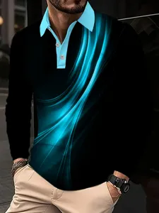 Mens long sleeve polo shirt casual lapel athletic top with stylish blue abstract print design.
