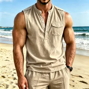 Men's summer linen sleeveless vest henley shirt with button pocket and casual beach style top