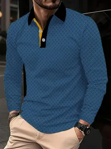 Men's long sleeve polo shirt with geometric print, contrast lapel and button closure.