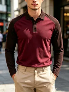Men's long sleeve color block polo shirt with lapel and button detail, casual autumn wear.
