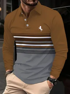Detail view of men's long sleeve polo shirt, featuring stylish color block stripes.