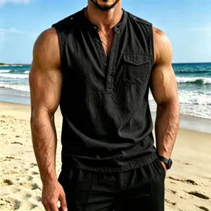 Close-up view of men's black sleeveless linen henley shirt with button pocket for summer beach.