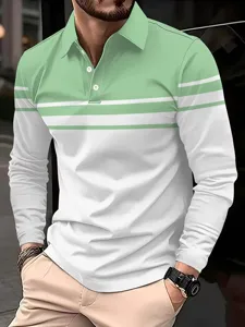 Vista dettagliata polo uomo manica lunga color block, top a righe casual per autunno.