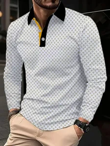 Men's long sleeve polo shirt with geometric print, stylish lapel and contrast placket detail.
