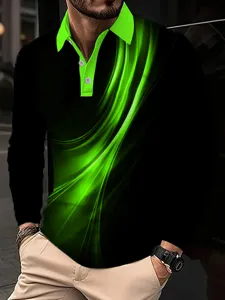 Stylish men long sleeve polo shirt casual lapel neon green wave print spring athletic top