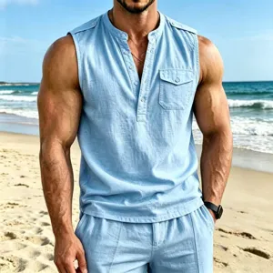 Men Casual Linen Sleeveless Vest Henley Neck Button Pocket Casual Loose Summer Tank Top Fashion Shirt