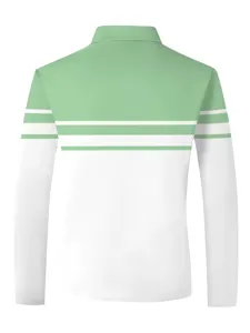 Vista dettagliata polo uomo manica lunga, design a righe con blocco di colore verde.