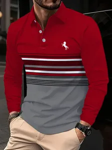 Men's long sleeve polo shirt, color-block striped design with horse logo, business casual apparel.