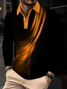 Detailed view of men's long sleeve polo shirt with abstract wave print and contrast collar.