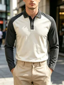 Men's color-block long sleeve polo shirt with lapel and button placket, casual daily wear.