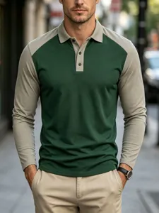 Men's long sleeve colorblock polo shirt casual golf lapel button top stylish apparel.