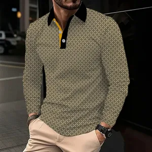 Men's Casual Business Polo Shirt Long Sleeve Geometric Print Lapel Collar Single Breasted Regular Fit Tops