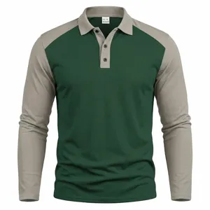 Men's color-block long sleeve polo shirt detail, contrast collar and sleeves, button placket.