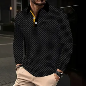 Men's Long Sleeve Polo Shirt Casual Geometric Print Turn Down Collar Pullover Top