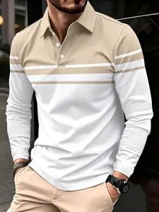 Primo piano di una polo da uomo a maniche lunghe color-block con eleganti righe orizzontali.