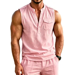 Men's summer casual breathable linen sleeveless henley shirt with button pocket top.