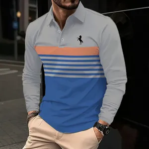 Men's long sleeve polo shirt business casual striped colorblock lapel top male style