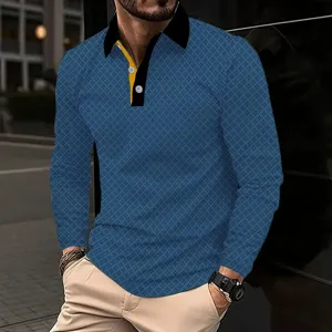 Men's long sleeve geometric print polo shirt with contrast lapel for casual spring wear.
