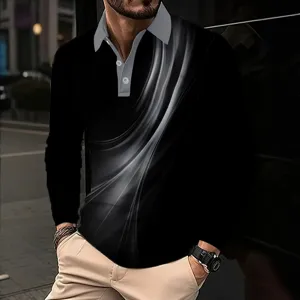 Men's Long Sleeve Polo Shirt Casual Lapel Business Tops Fashion Abstract Print Pullover