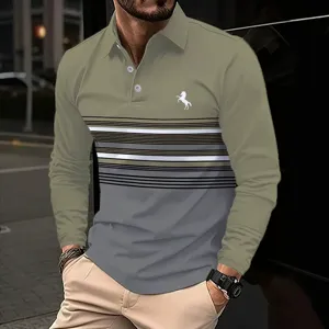 Men's long sleeve polo shirt business casual striped printed pullover top for spring autumn