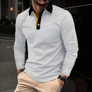 Men's long sleeve polo shirt casual geometric print lapel designer top fashion clothing