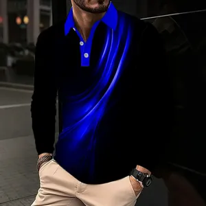 Men's long sleeve polo shirt with contrast blue abstract print, turn-down collar, casual fall wear.