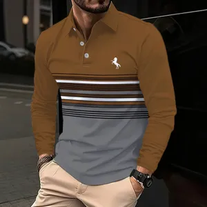 Men's long sleeve polo shirt with striped digital print, business casual style for spring and autumn.