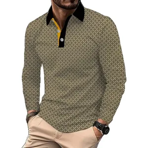 Men's long sleeve polo shirt casual vintage geometric print lapel top spring fashion