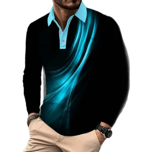 Men long sleeve polo shirt with abstract wave print, casual lapel top for spring autumn.