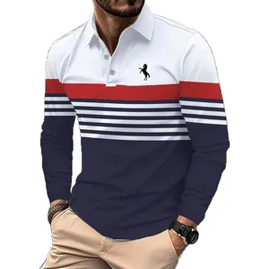 Men's long sleeve polo shirt, business casual colorblock striped design with horse print.