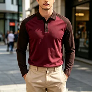 Men's autumn colorblock long sleeve polo shirt, casual golf lapel button top, stylish.