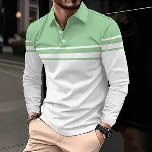 Polo a manica lunga da uomo, top casual primaverile con blocchi di colore e righe per tutti i giorni.