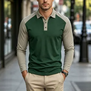 Men's long sleeve colorblock polo shirt casual golf top with lapel and button placket.
