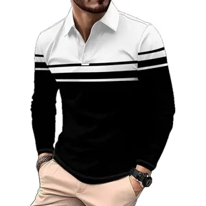 Polo uomo manica lunga bicolore casual primavera autunno top abbigliamento comodo