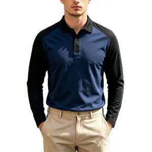 Men's long sleeve color block polo shirt casual golf lapel button up top autumn apparel