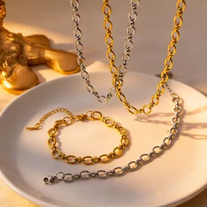 Minimalist Stainless Steel 18K Gold Plated Interlocking Thick Chain Necklace Bracelet Jewelry For Women Hip Hop Versatile Fashion Neckwear Set