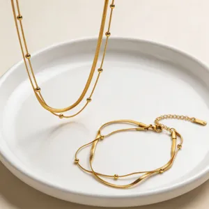 Vista detallada del elegante conjunto de collar y pulsera de acero de titanio.