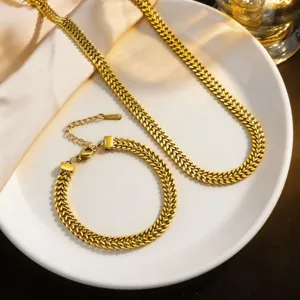 Stainless Steel Braided Wheat Chain Necklace Bracelet For Women Gold Plated Tarnish Free Elegant Light Luxury Fashion Jewelry Accessory Gift