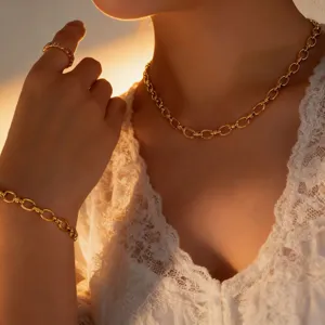 Gold color thick chain necklace bracelet ring set fashion jewelry accessory for women