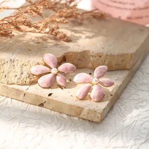 Fashion pink flower petal stud earrings with pearl center for women elegant daily wear jewelry
