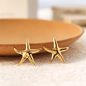 Gold stainless steel starfish earrings detail close-up, niche vintage jewelry accessory.
