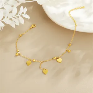 Gold titanium steel heart anklet detail, dainty tassel lucky bead foot chain for women.