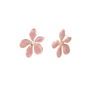 Chic pink flower stud earrings with pearl center and gold trim for daily fashion wear.