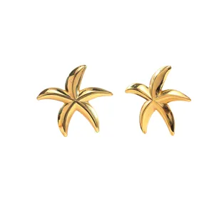 Detailed close-up of gold stainless steel starfish earrings, retro niche luxury jewelry.