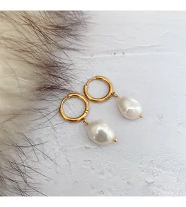 Minimalist 18k gold plated stainless steel hoop earrings featuring irregular baroque pearls for women