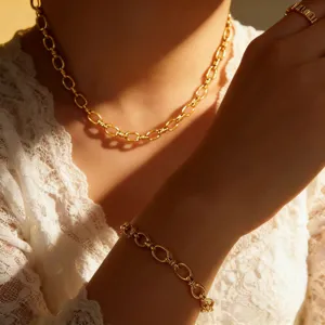 Gold plated titanium steel interlocking chain necklace bracelet and ring detail showcase