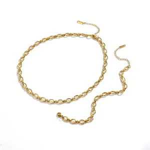 Gold plated titanium steel interlocking chain necklace bracelet set chic hip hop jewelry detail